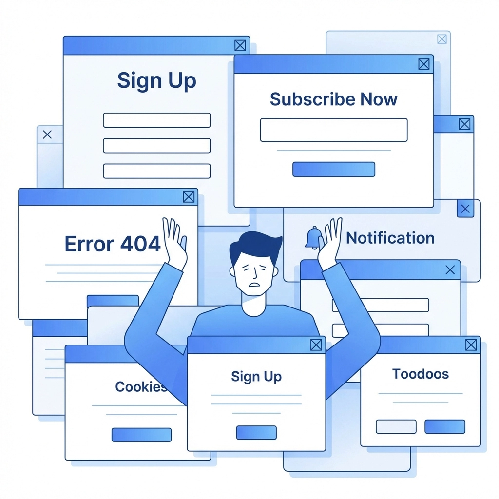 Overlapping pop-up windows showing a frustrated user overwhelmed by excessive pop-ups