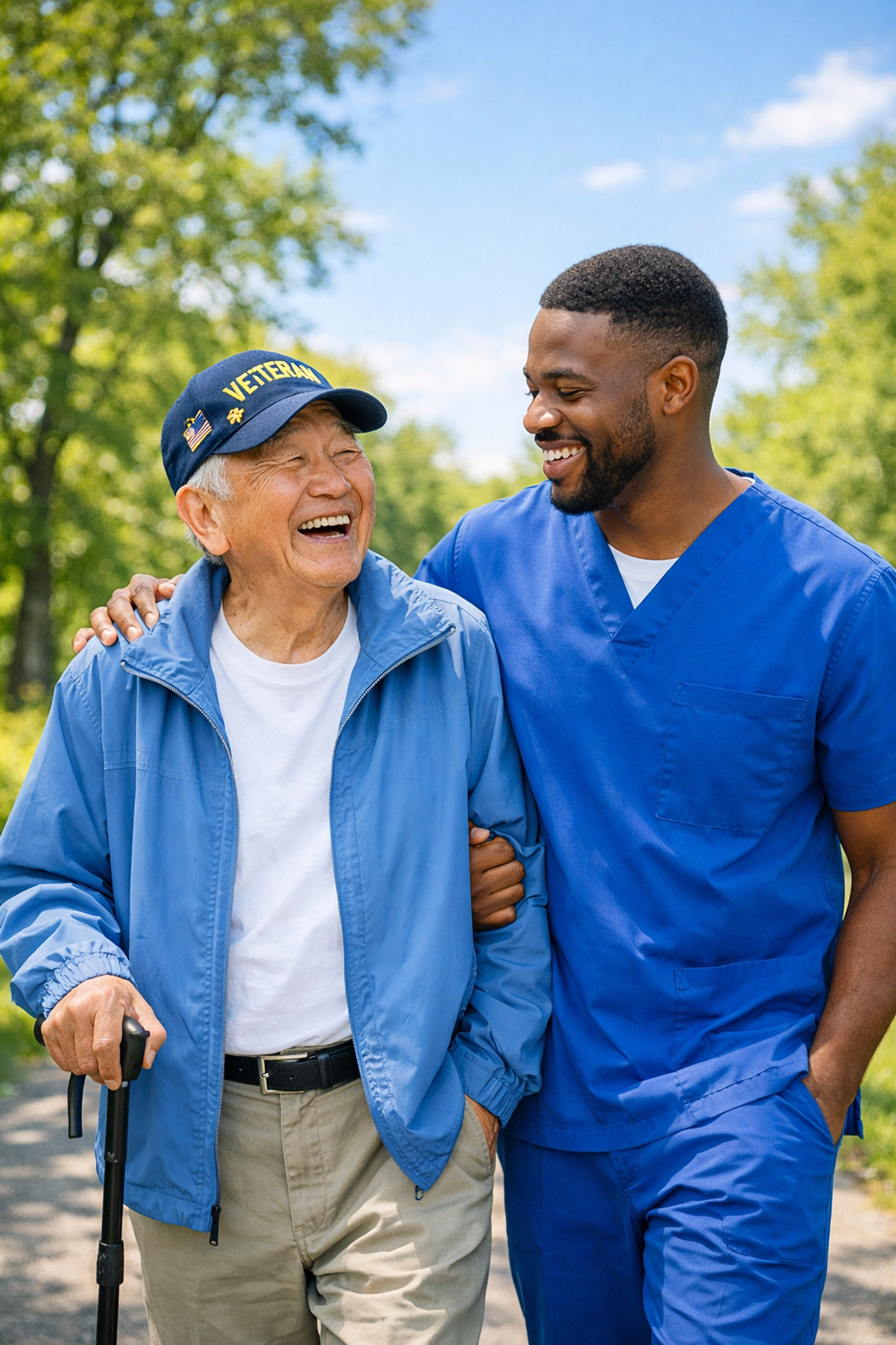 A veteran and caregiver walking in a Prince William County park, symbolizing joyful community support for aging at home.
