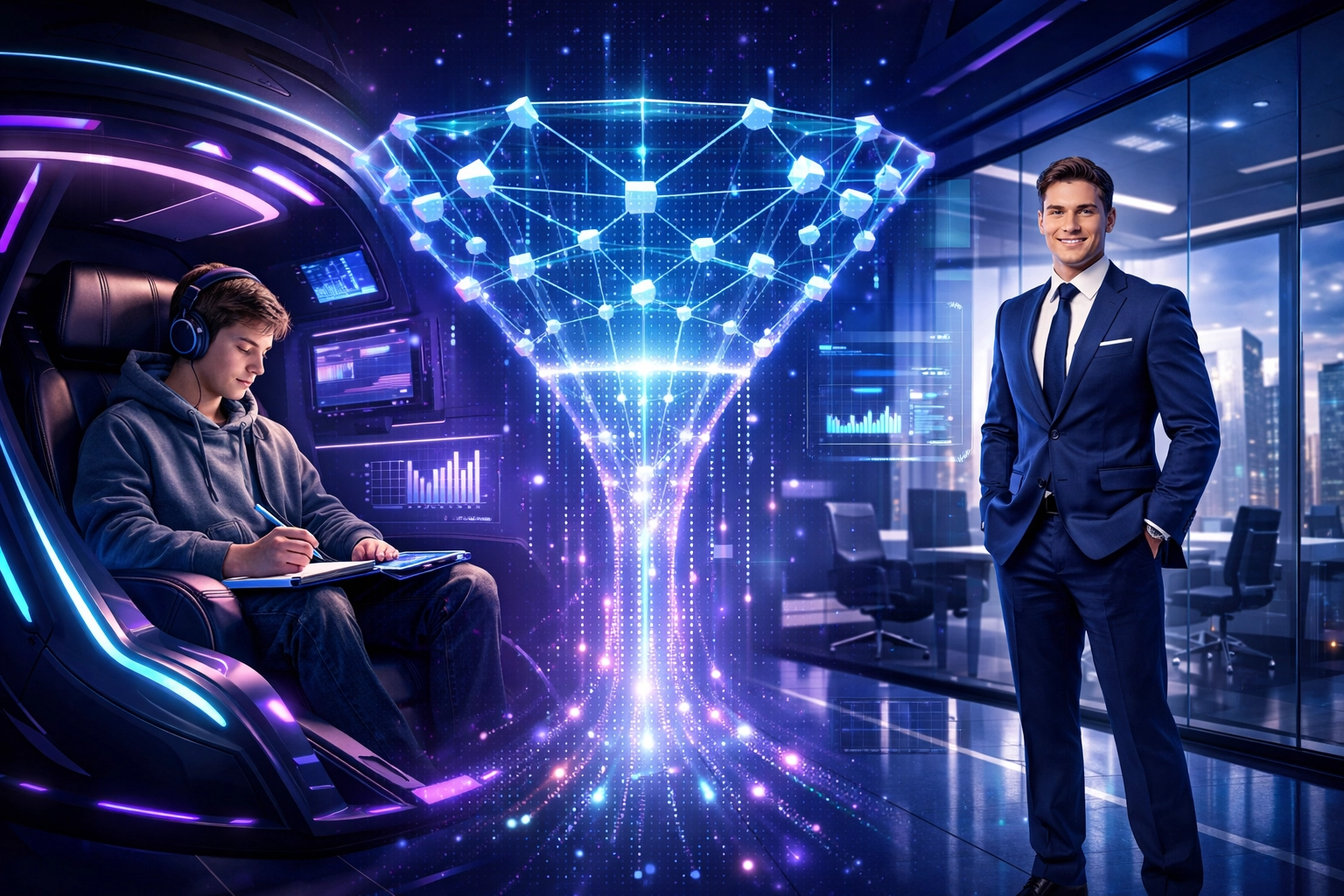 A visual of the Fortune 5000 talent funnel showing an EsportsPod student transitioning into a corporate leadership career.