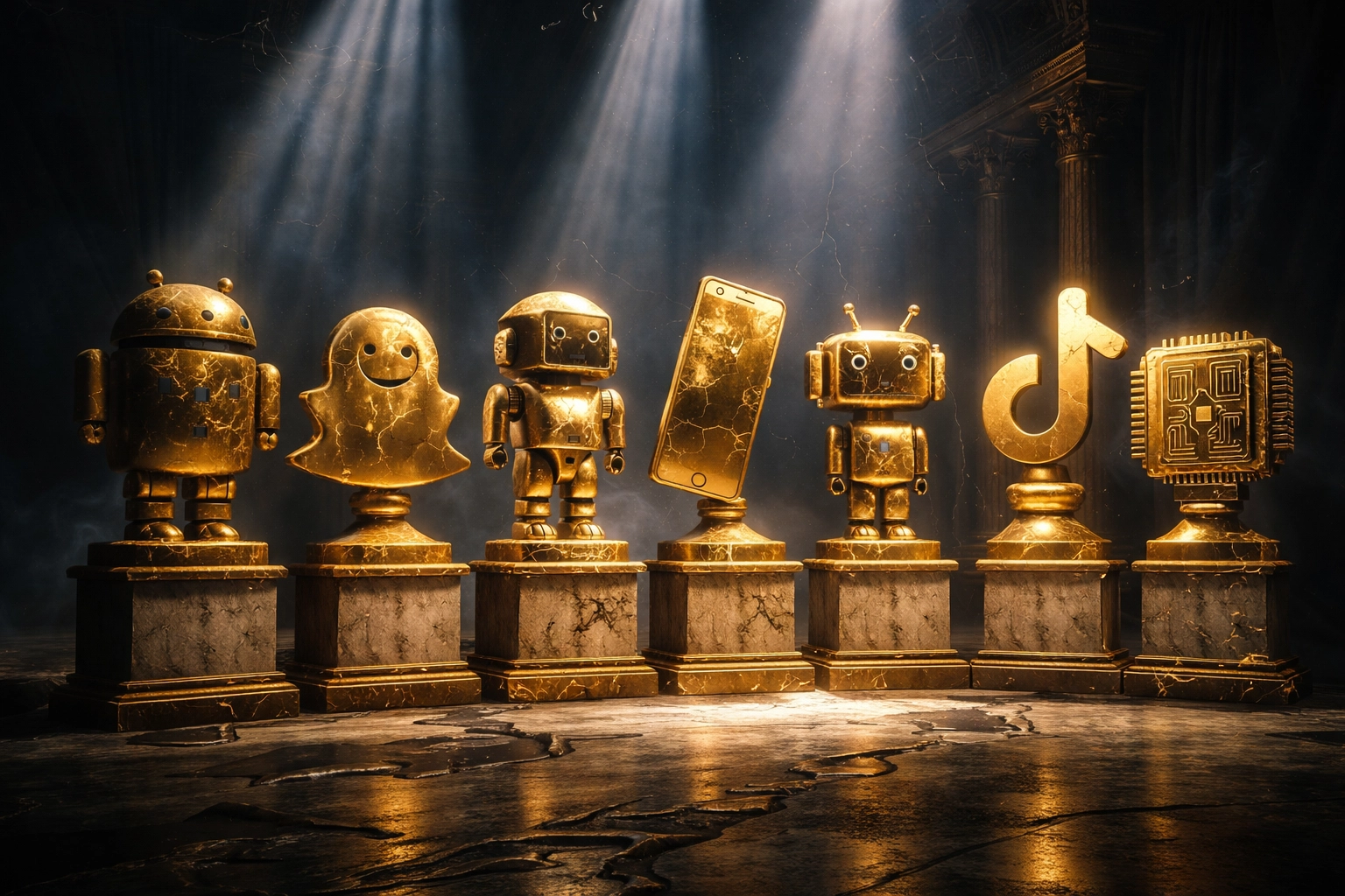 Golden statues representing major tech companies beginning to crack, illustrating the decline of the Magnificent 7 stocks.