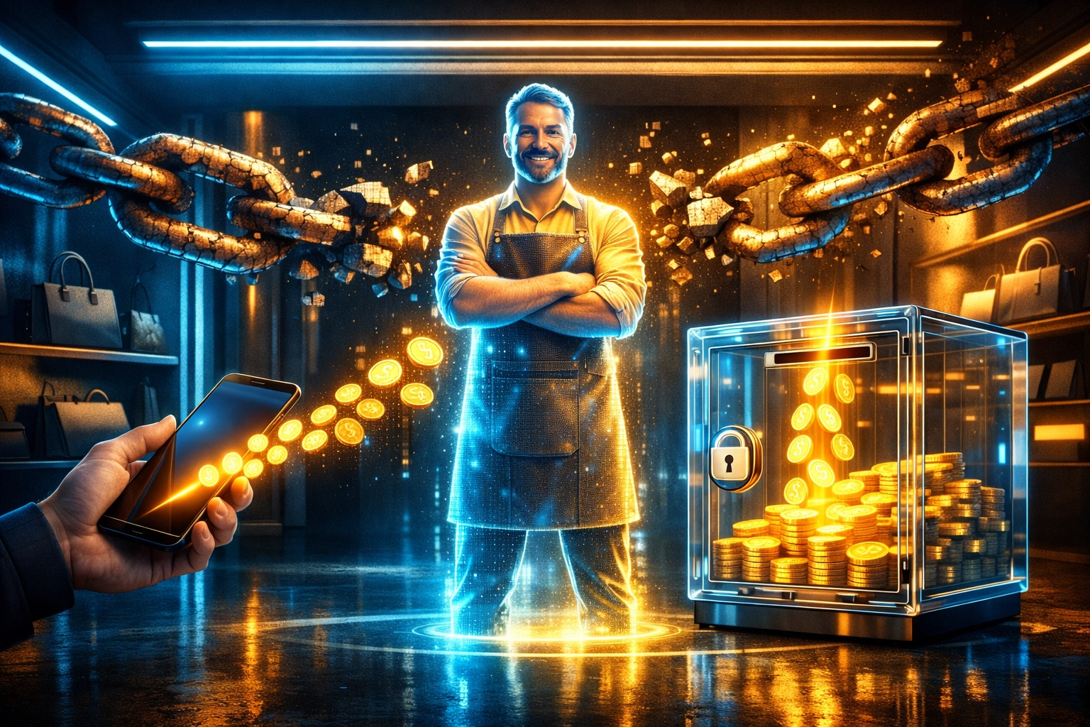 Holographic merchant receiving direct crypto payments to a secure safe, highlighting zero merchant fees and financial freedom.