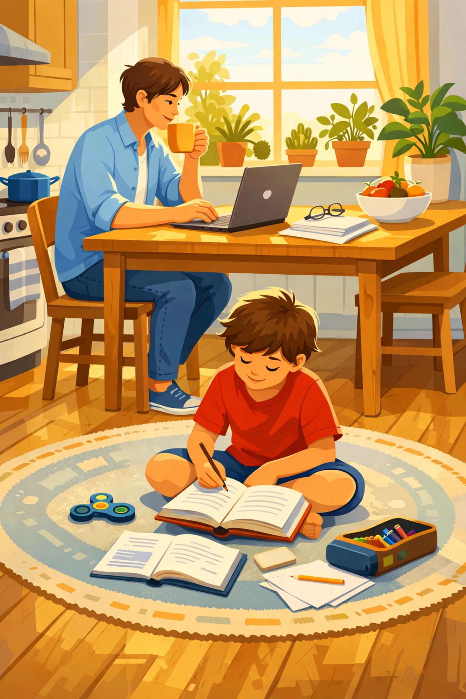 Child working on homework on kitchen floor showing flexible low demand parenting approach