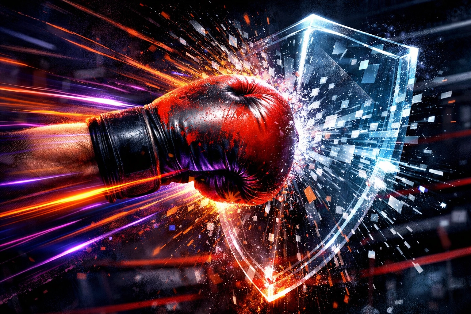 Boxing glove shattering a digital shield to symbolize the changing sports media and boxing news model.