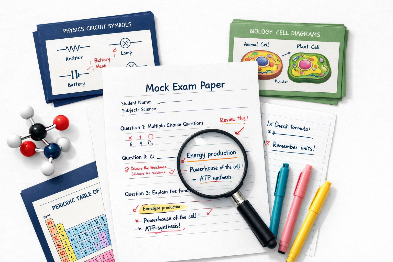 GCSE Science exam preparation materials with annotated mock papers and colour-coded revision cards