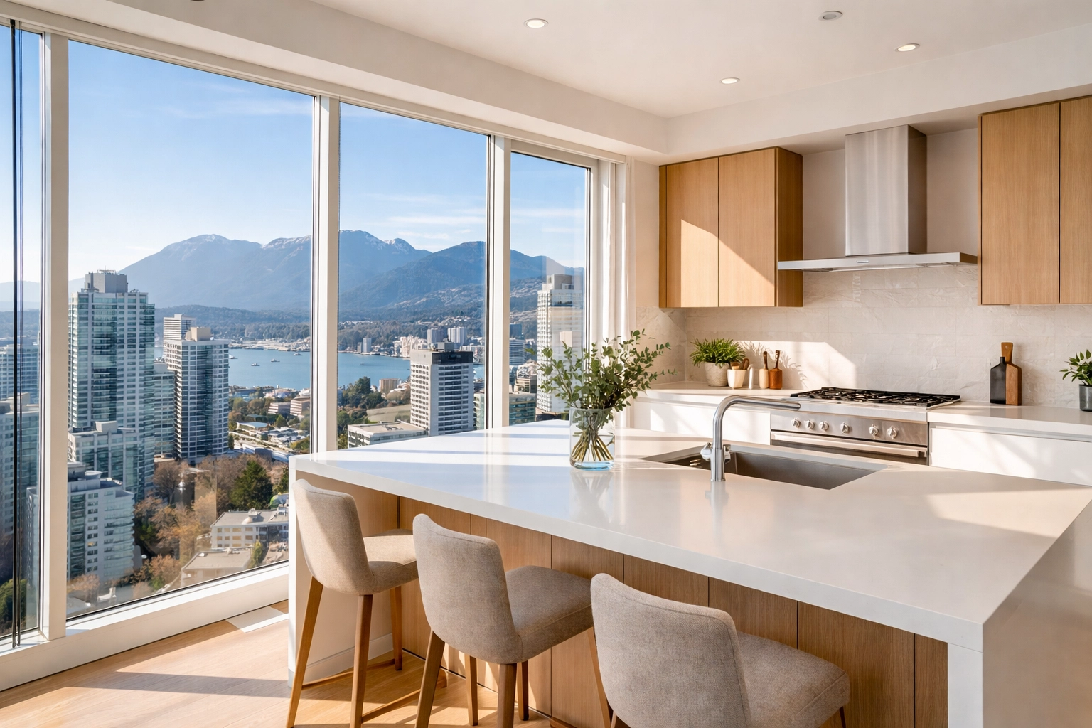 Modern Vancouver kitchen with mountain and city skyline view highlights desirable move-in-ready home.