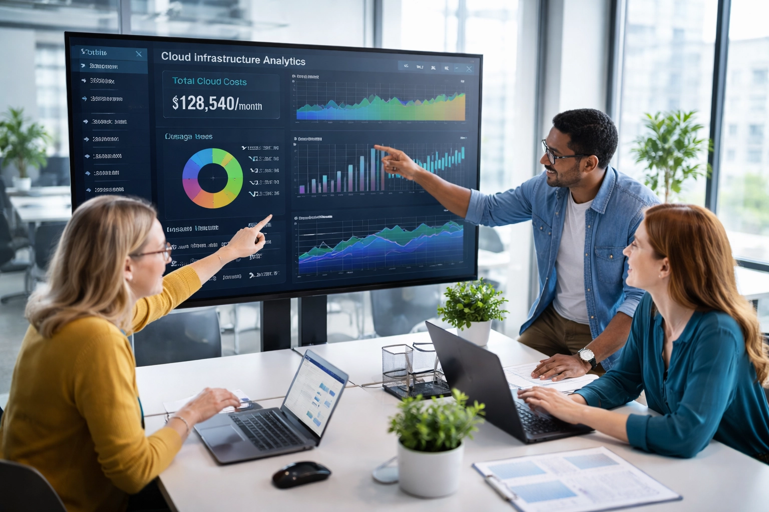 Team of IT professionals discussing cloud infrastructure analytics and ITOM cost metrics in a modern office setting.
