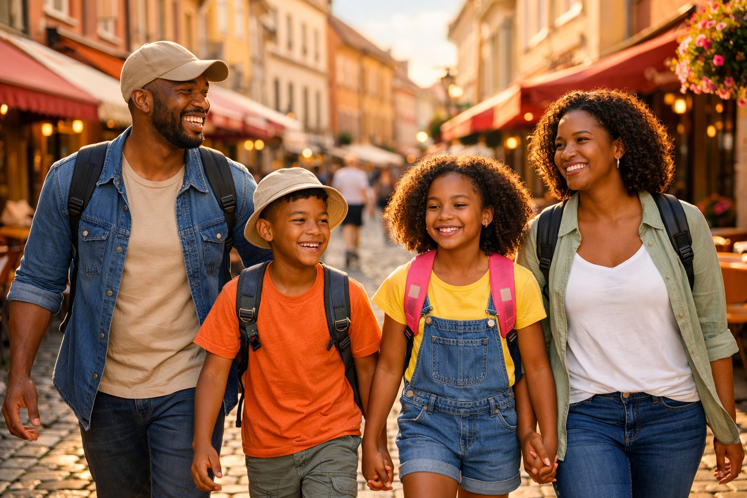 Family of four exploring European cobblestone street during personalized vacation