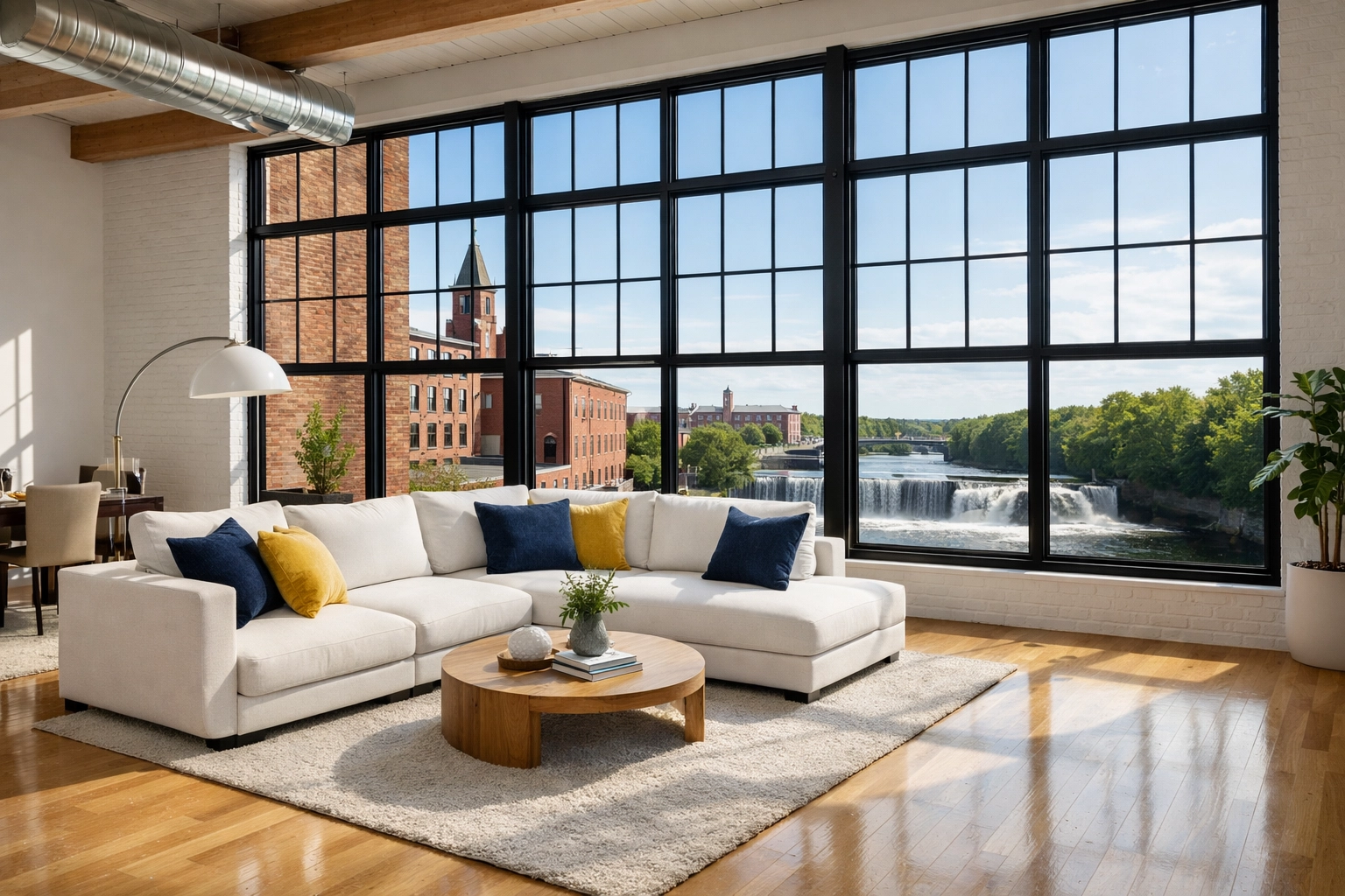 Spotless modern loft apartment in Lowell MA overlooking the historic canal district after house cleaning.