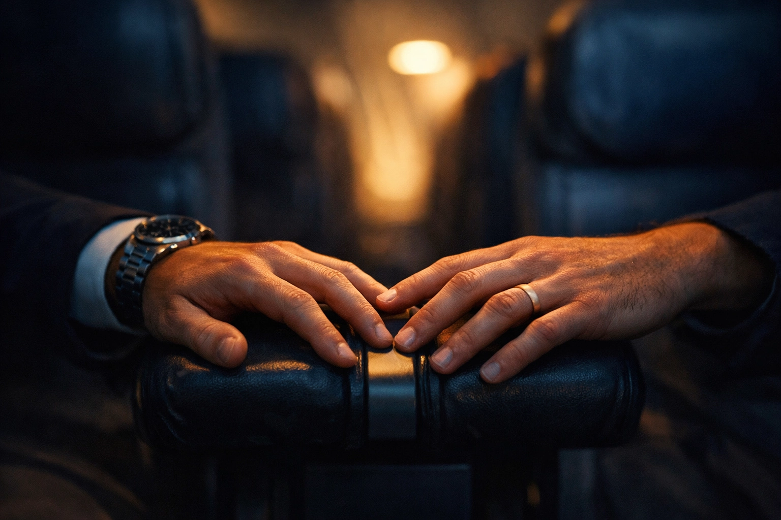 Two men's hands nearly touching on airplane armrest showing unspoken connection after airport hookup