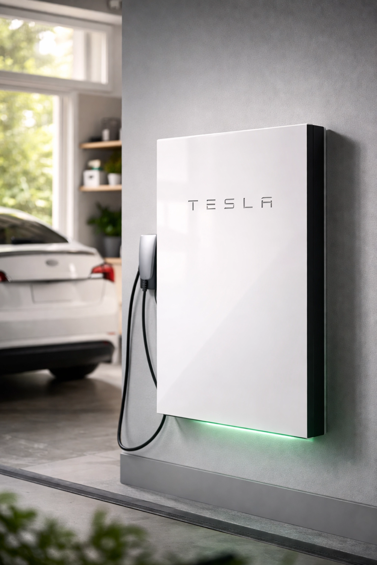 Tesla Powerwall battery storage unit installed in a modern UK garage for solar energy independence