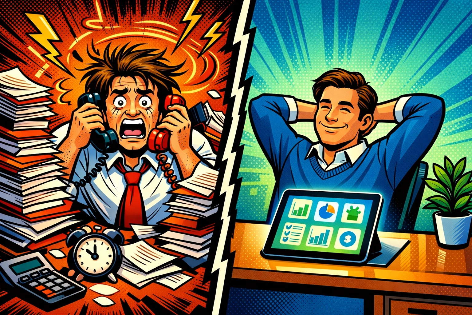 Before and after business automation: chaos versus streamlined workflow