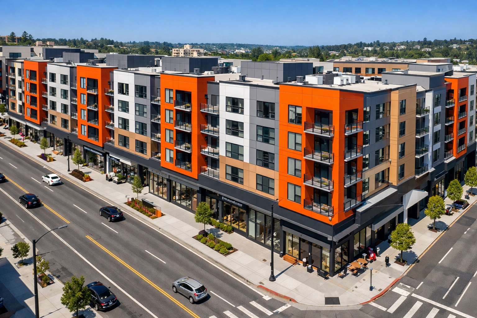 Multiple identical 5-over-1 podium apartment buildings in urban streetscape