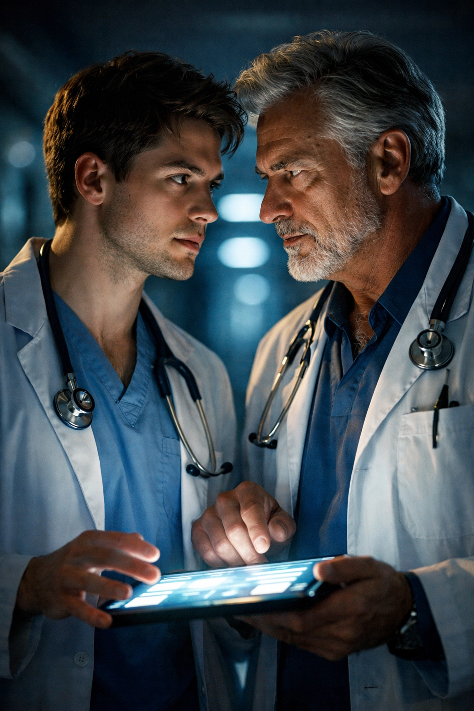 Male intern and senior doctor sharing a charged moment in a hospital hallway, a classic medical MM romance scene.