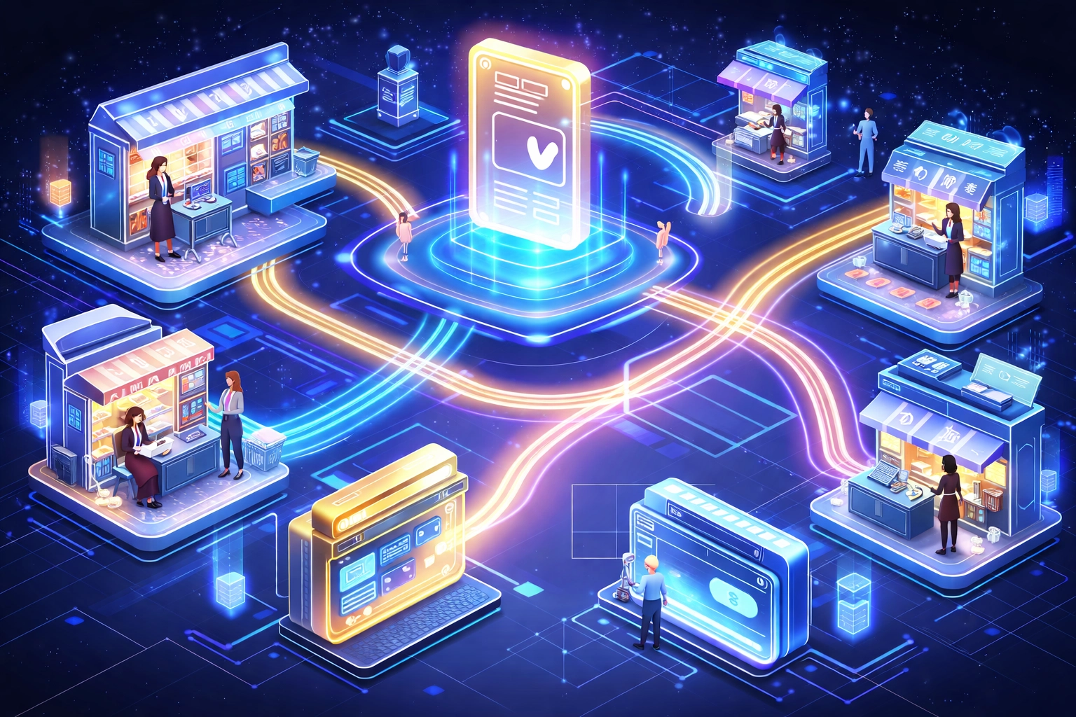 Digital marketplace showing tokenized receivables flowing between merchants and wallets in Larecoin ecosystem