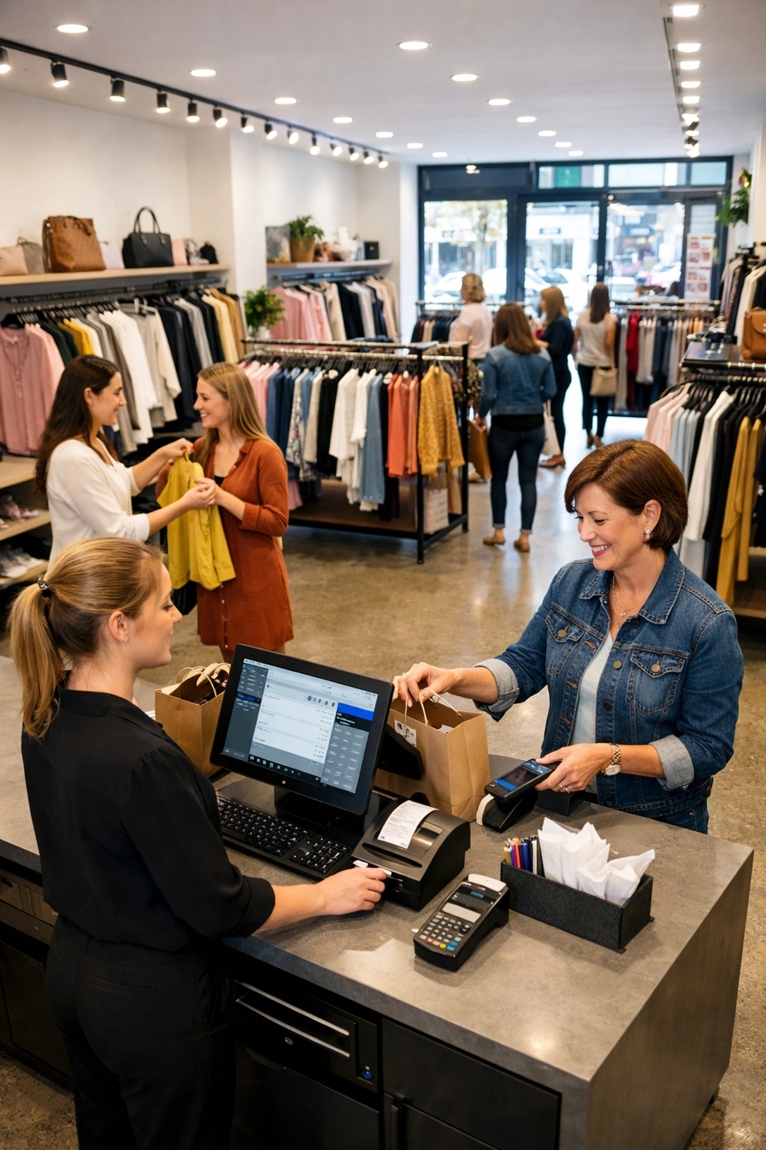 Retail clothing boutique with integrated EPOS system at checkout counter serving customers