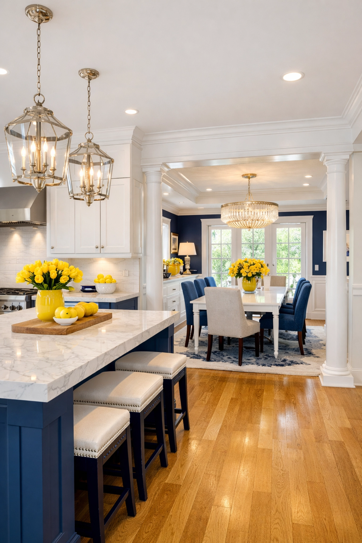 Deep cleaning MA results in an open-concept suburban home with a spotless kitchen and dining area.