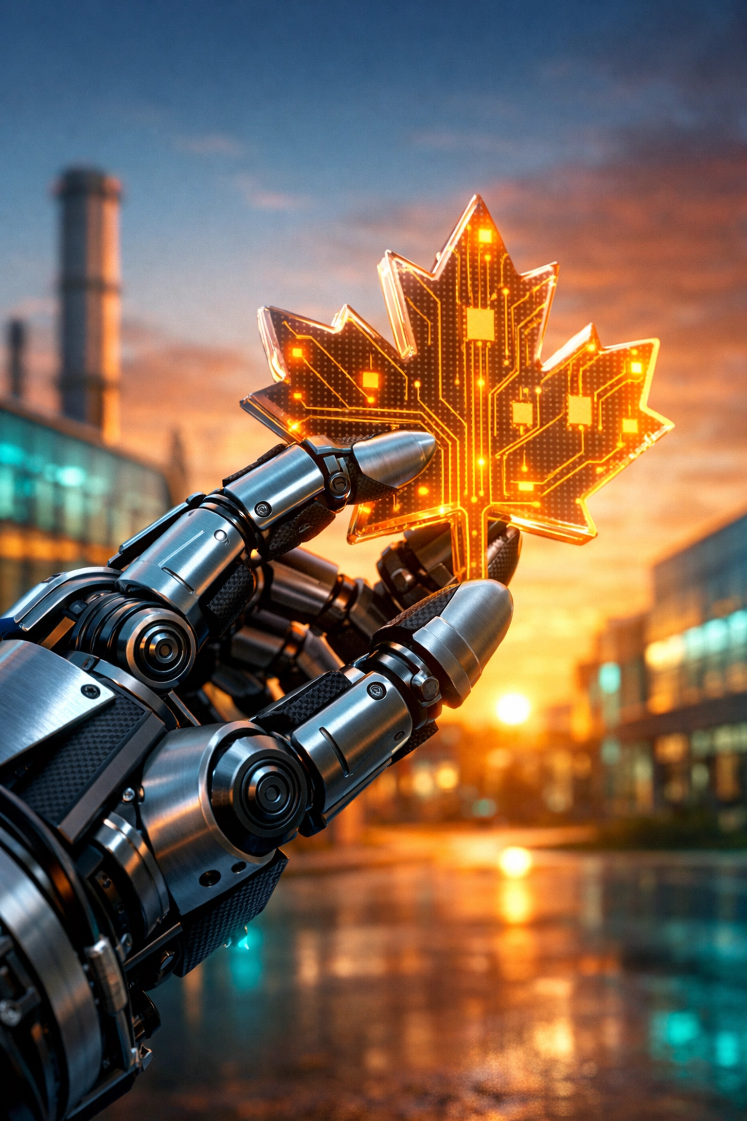 Advanced robotic arm with a maple leaf circuit board symbolizing a shift toward high-tech Canadian innovation.