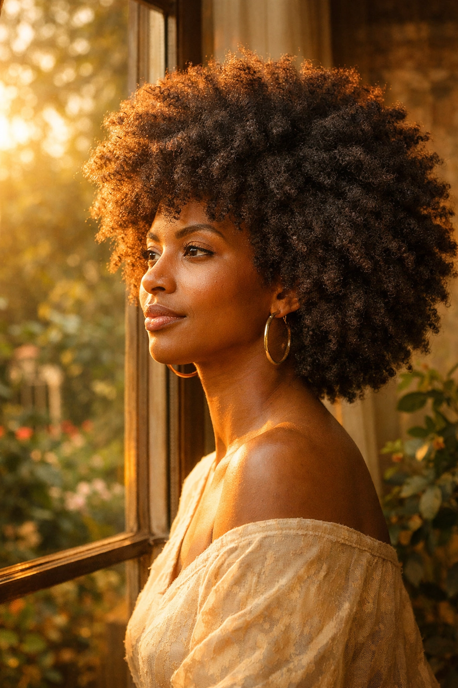 A woman with a healthy 4B Afro embracing her natural hair texture while air-drying in soft sunlight.