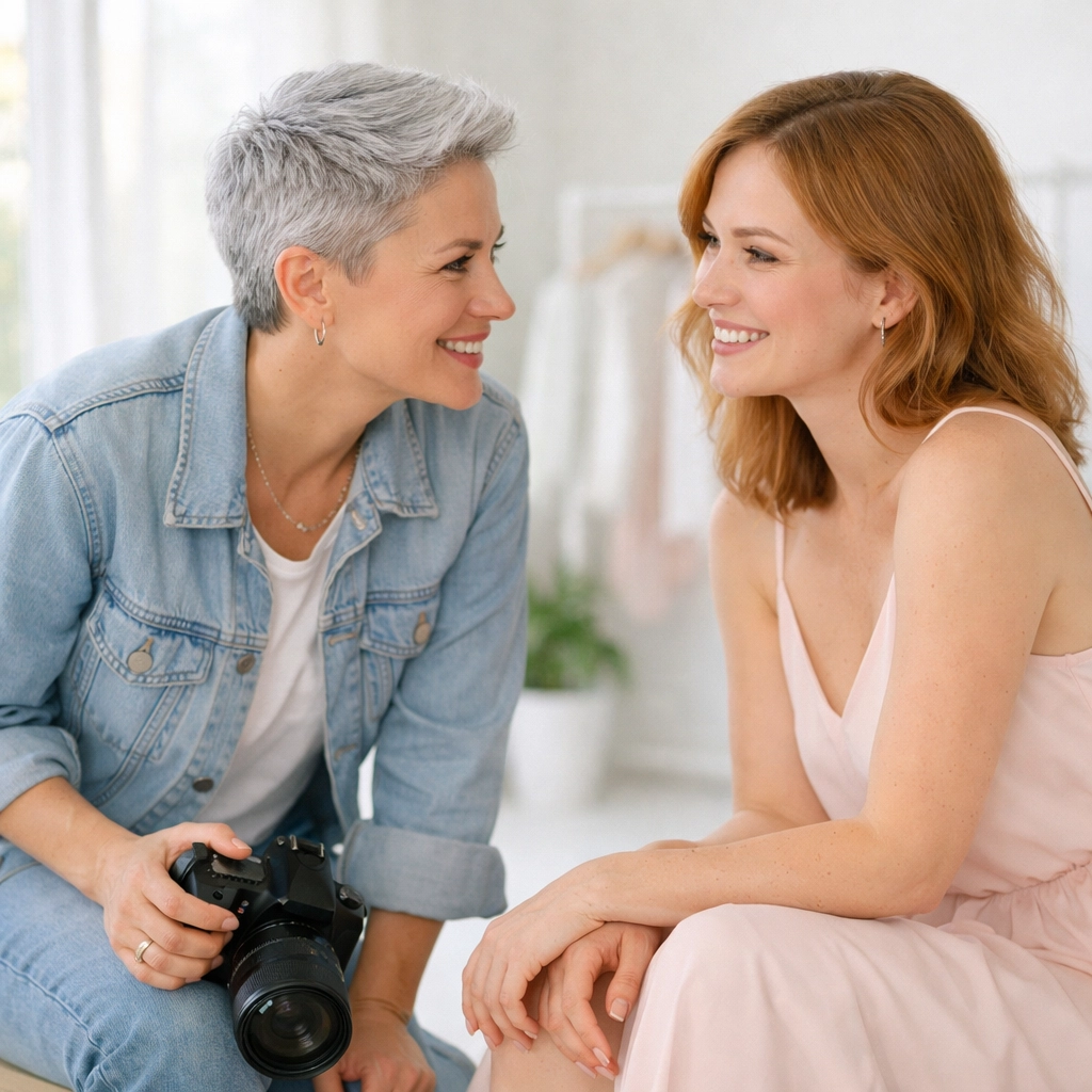 A queer photographer building trust with her subject during a collaborative studio photo shoot.