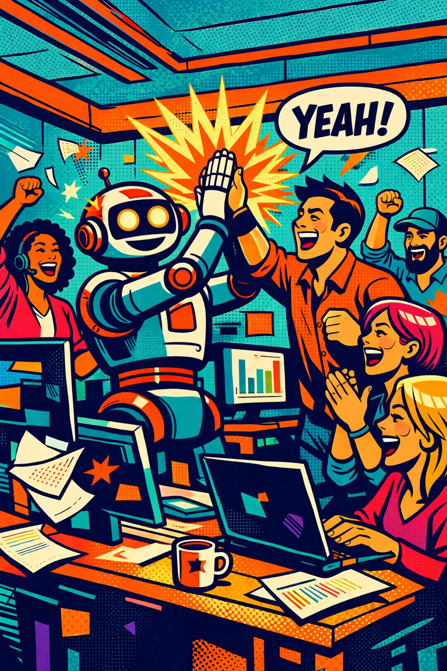 Modern office team high-fiving a robot, showing the success of an AI virtual assistant for business.