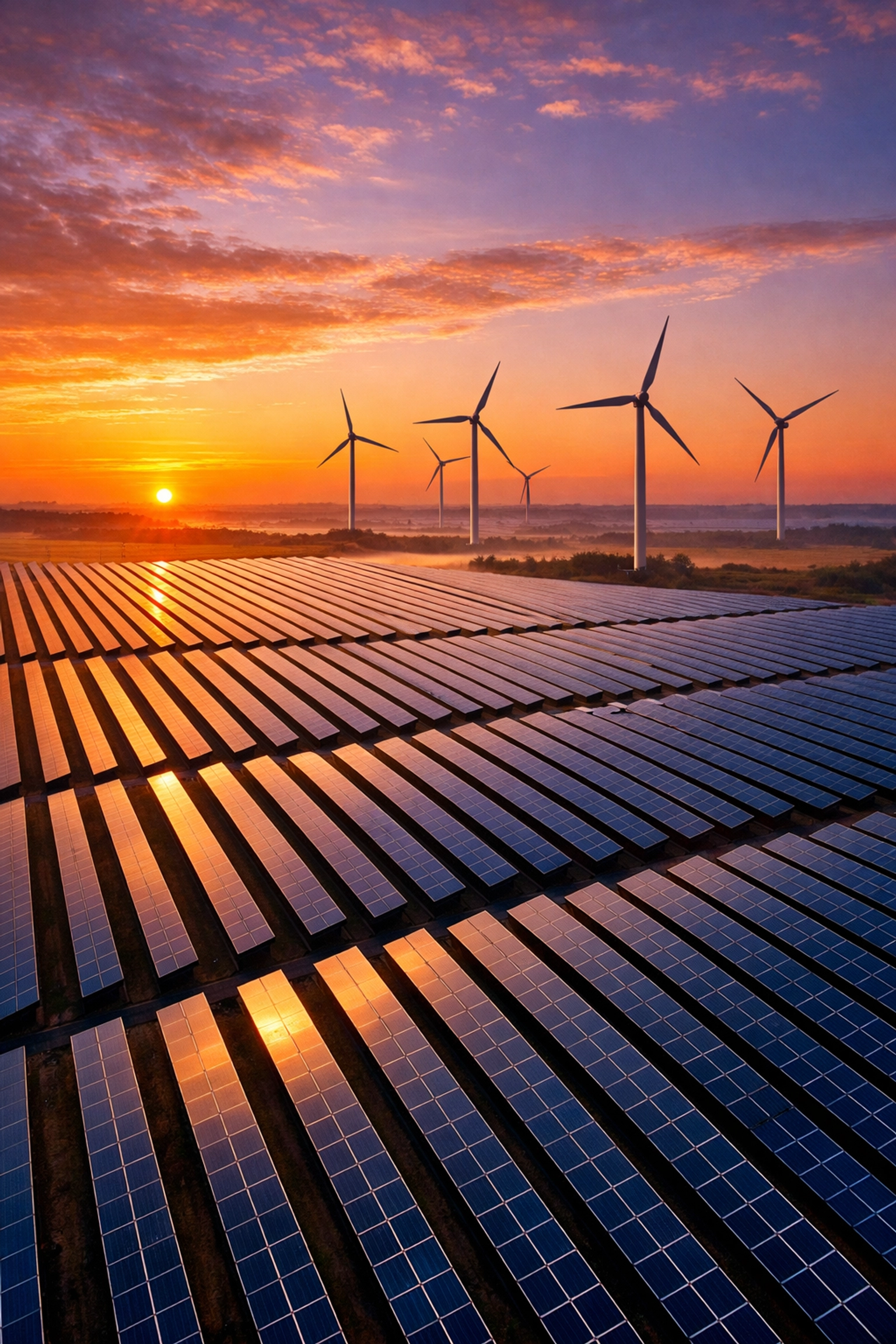 Solar panel farm and wind turbines representing renewable energy investment opportunities