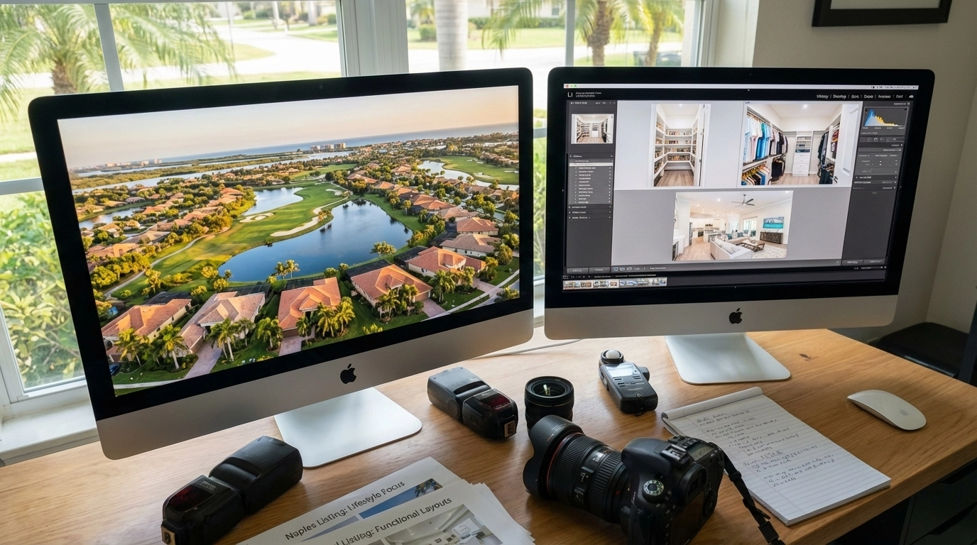Aerial view of a golf course community near water in Bonita Springs, Southwest Florida