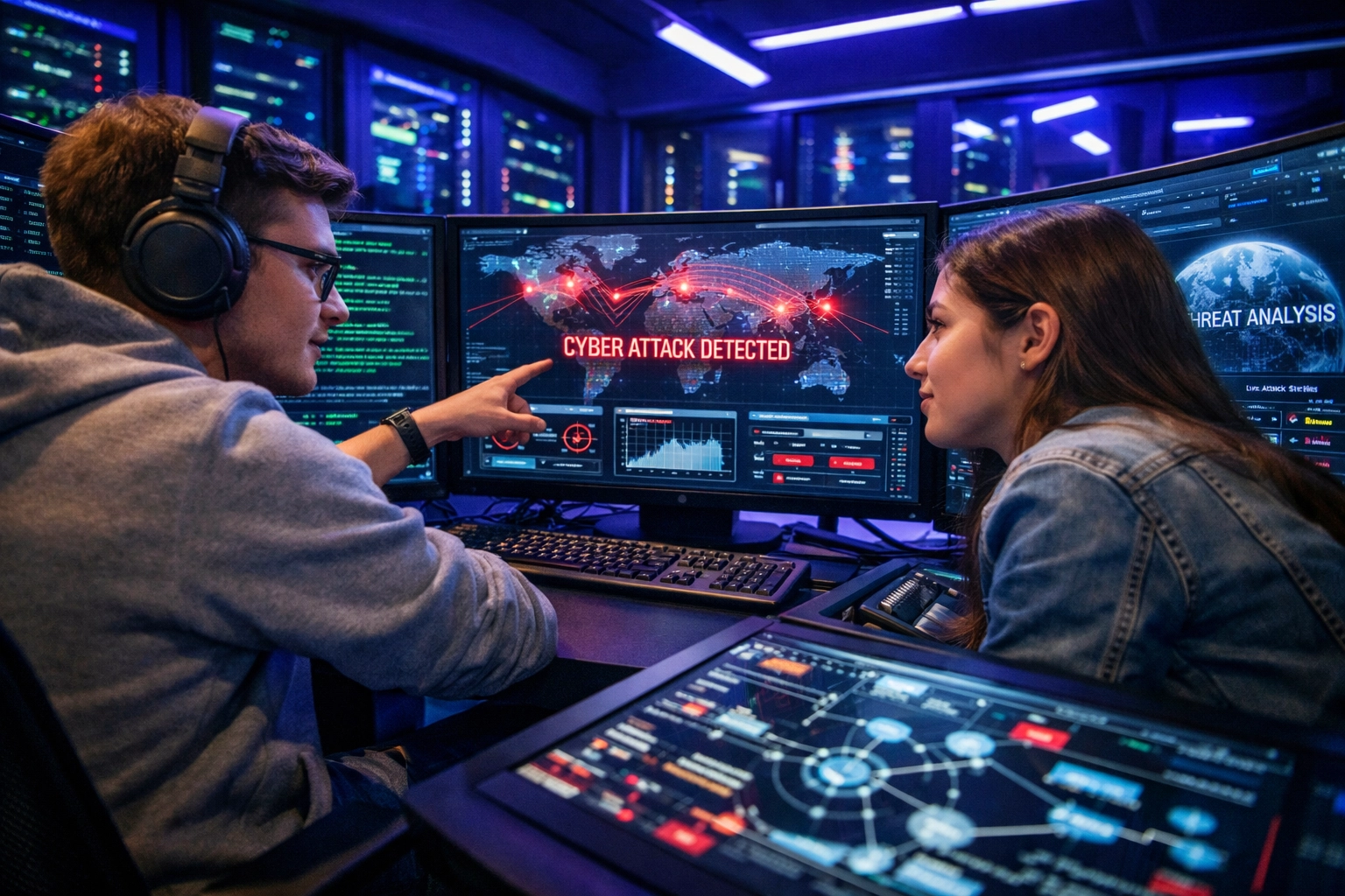 Cybersecurity pod workspace with students analyzing network security on multiple screens