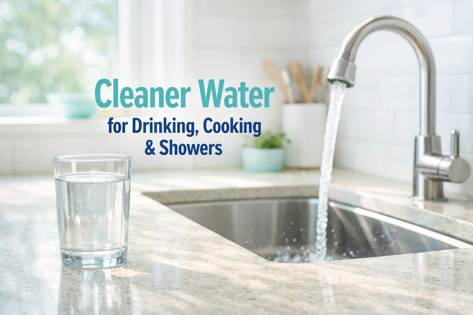 Clear glass of water in a bright kitchen representing cleaner water for drinking cooking and showers