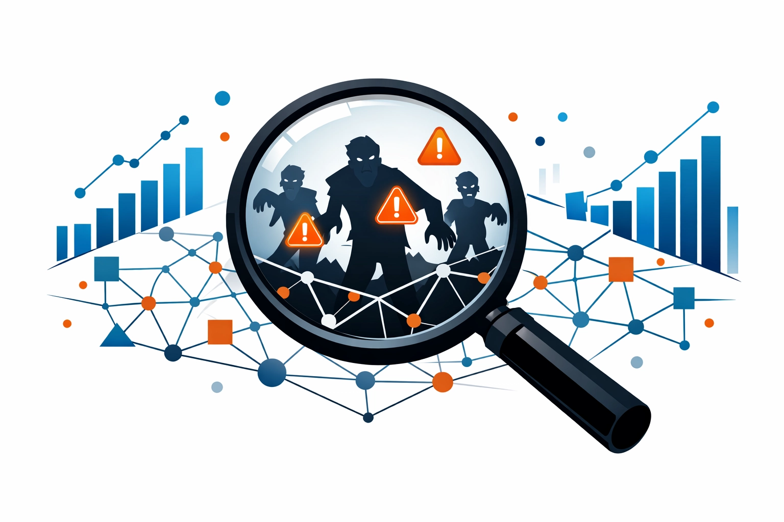 Analytics reports and a magnifying glass identifying zombie content to improve LMS content hygiene.