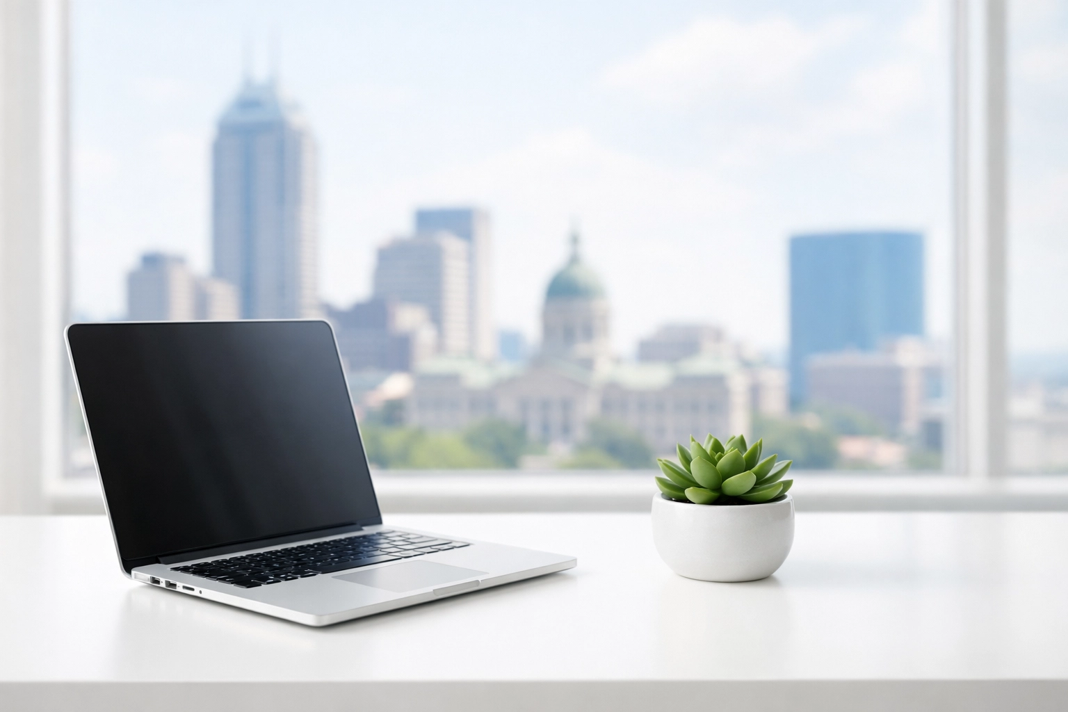 Clean modern office workspace in Indianapolis featuring high-tech management for commercial cleaning services.