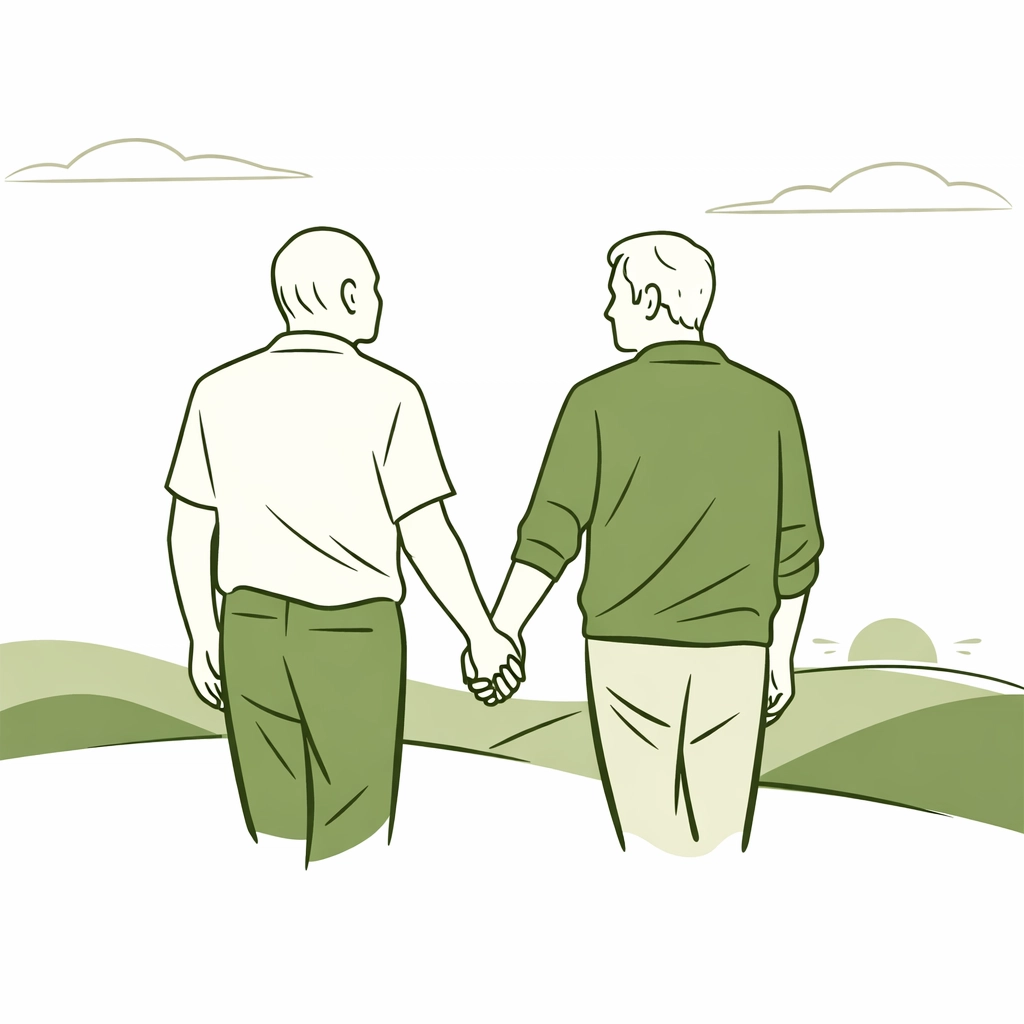 Older gay couple walking toward the horizon, symbolizing a life of authenticity and pride after coming out.