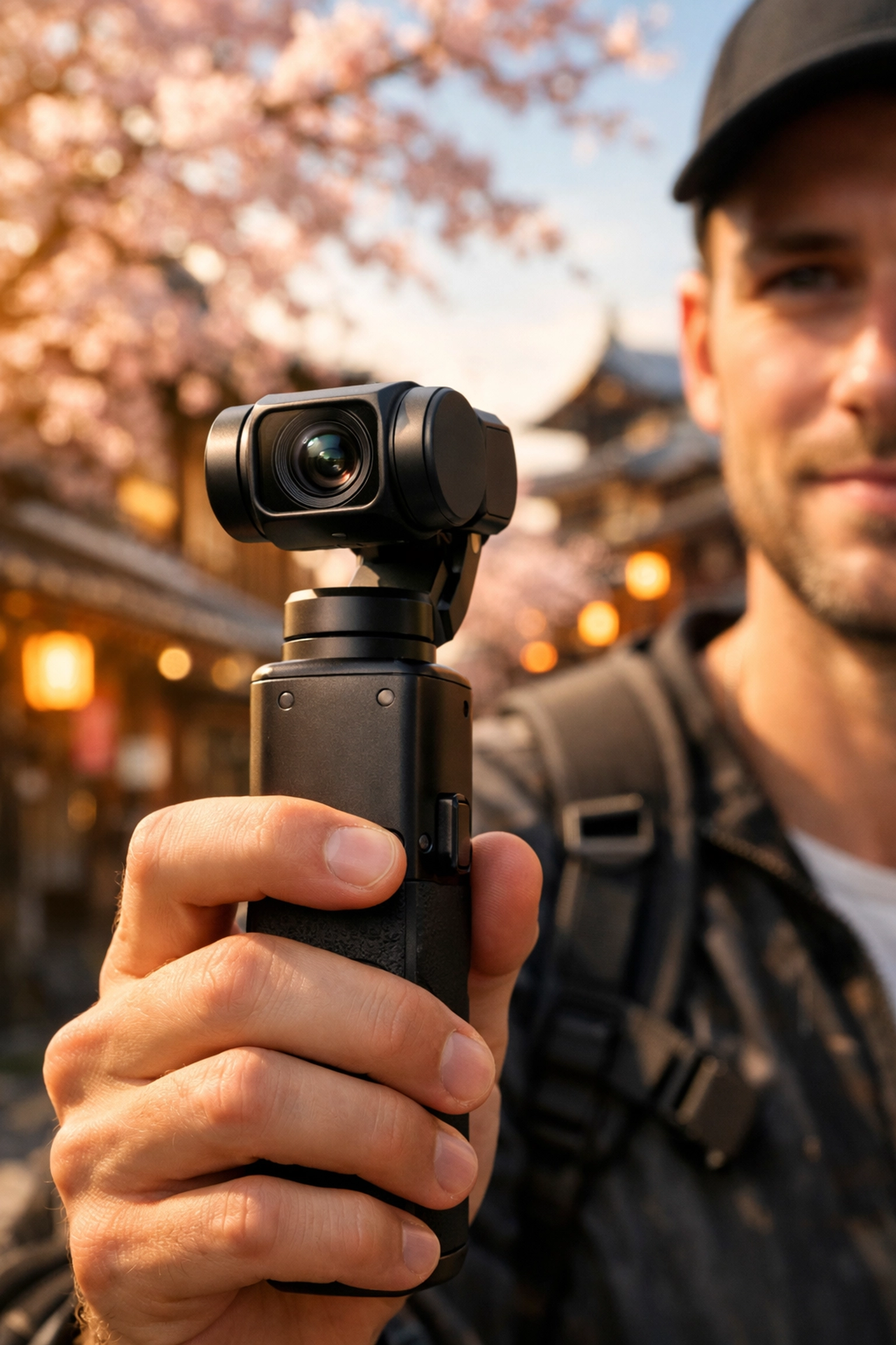 Vlogger with a compact gimbal camera, one of the newest camera releases, capturing summer travel content.