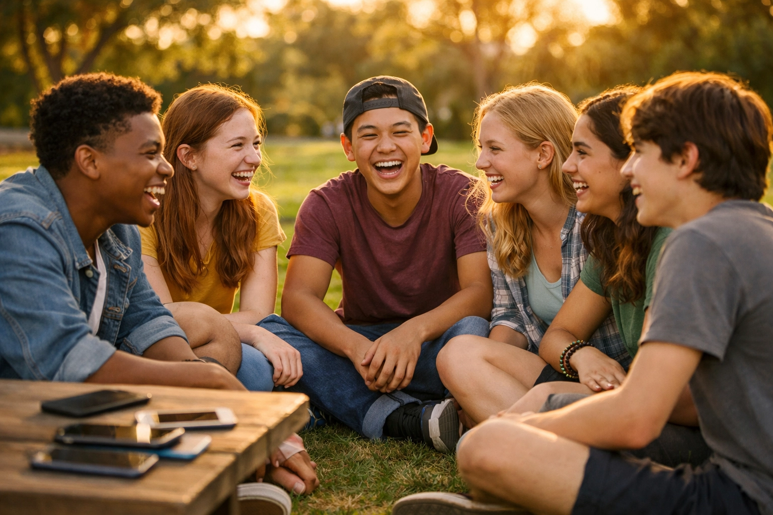 Group of teens laughing together outdoors in face-to-face connection without phones
