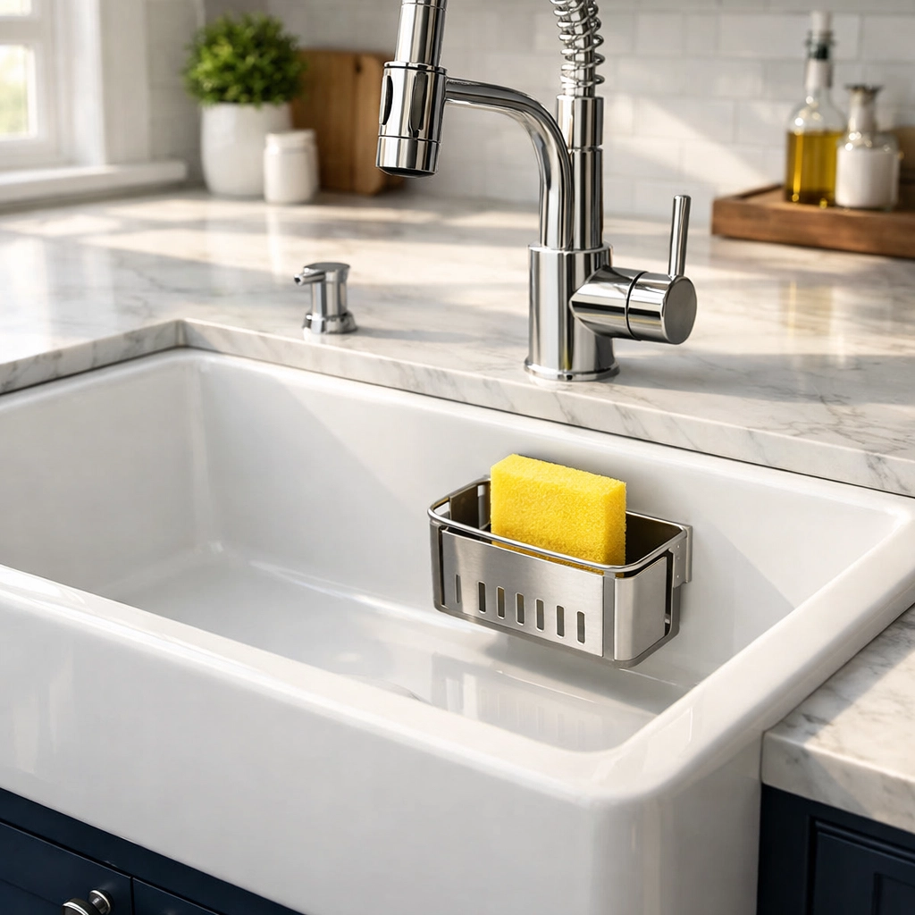 Clean yellow sponge stored in a stainless steel sink caddy for optimal airflow and hygiene.