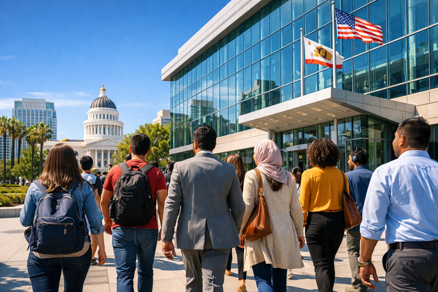 Diverse professionals and students in Sacramento preparing for a successful visa applicant social media check.