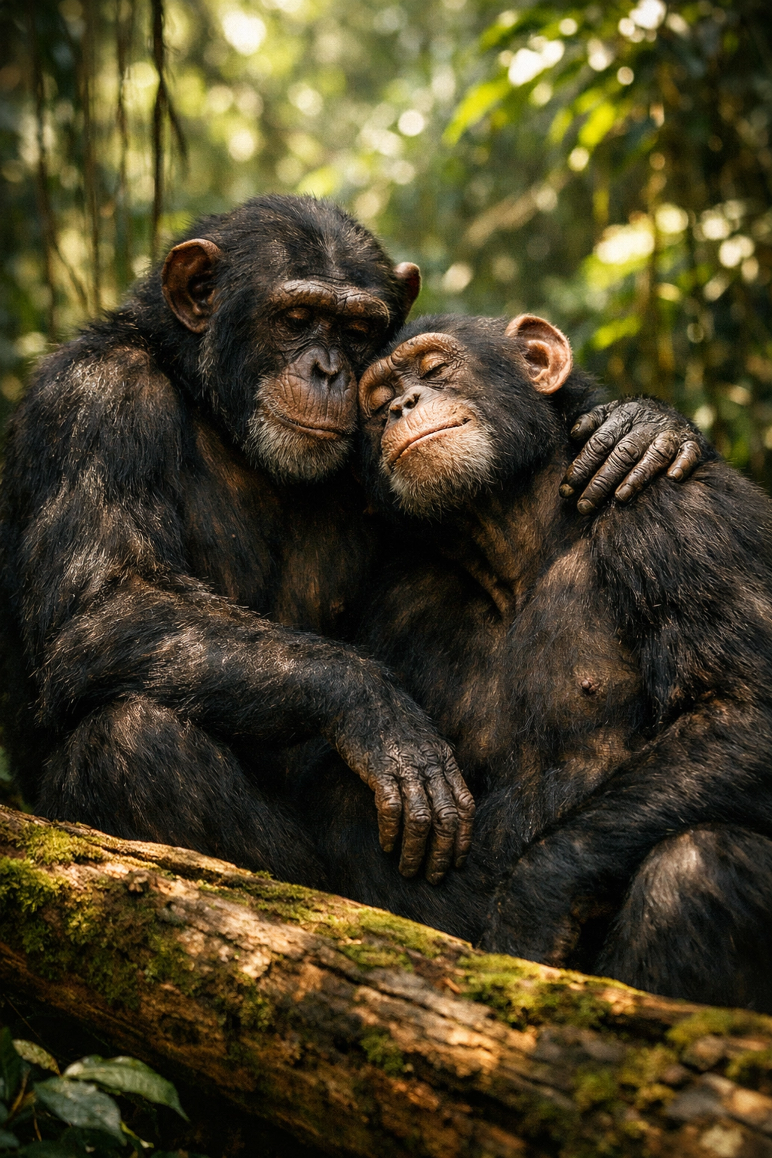 Two male chimpanzees bonding in nature, illustrating social lubrication similar to MM romance tropes.