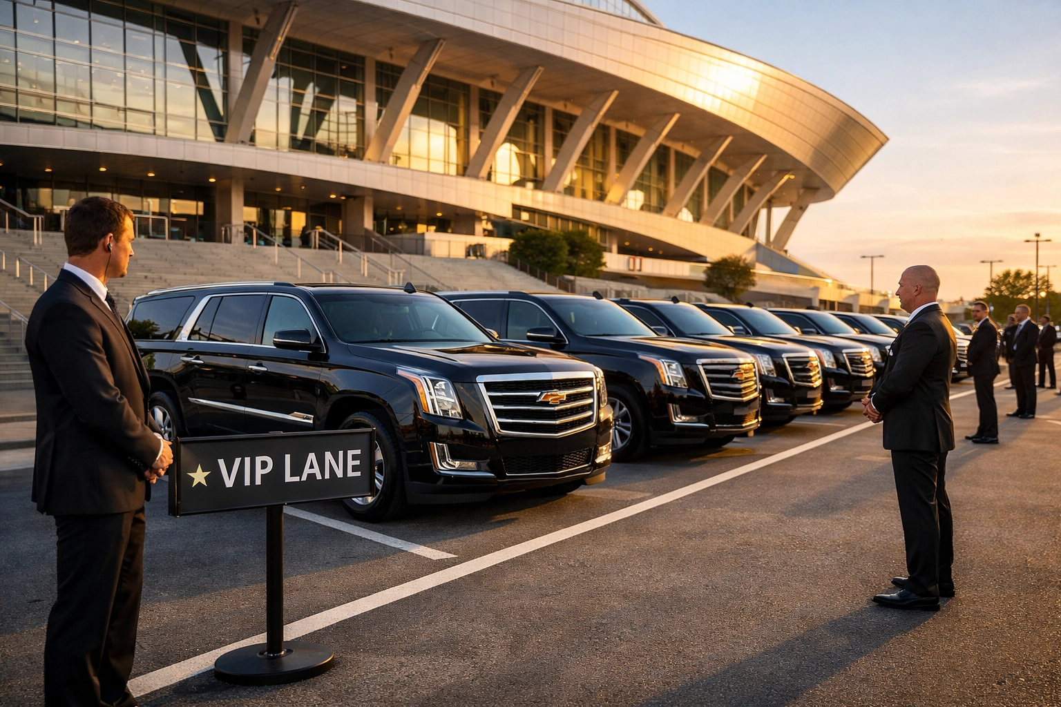 Luxury corporate SUVs lined up at a stadium entrance for elite Super Bowl transportation logistics.