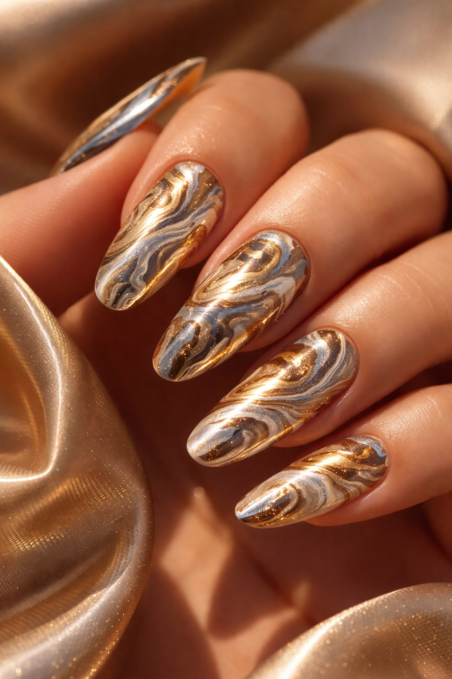Luxurious sterling silver and gold marbled fashion nails for special occasions in Norwood MA