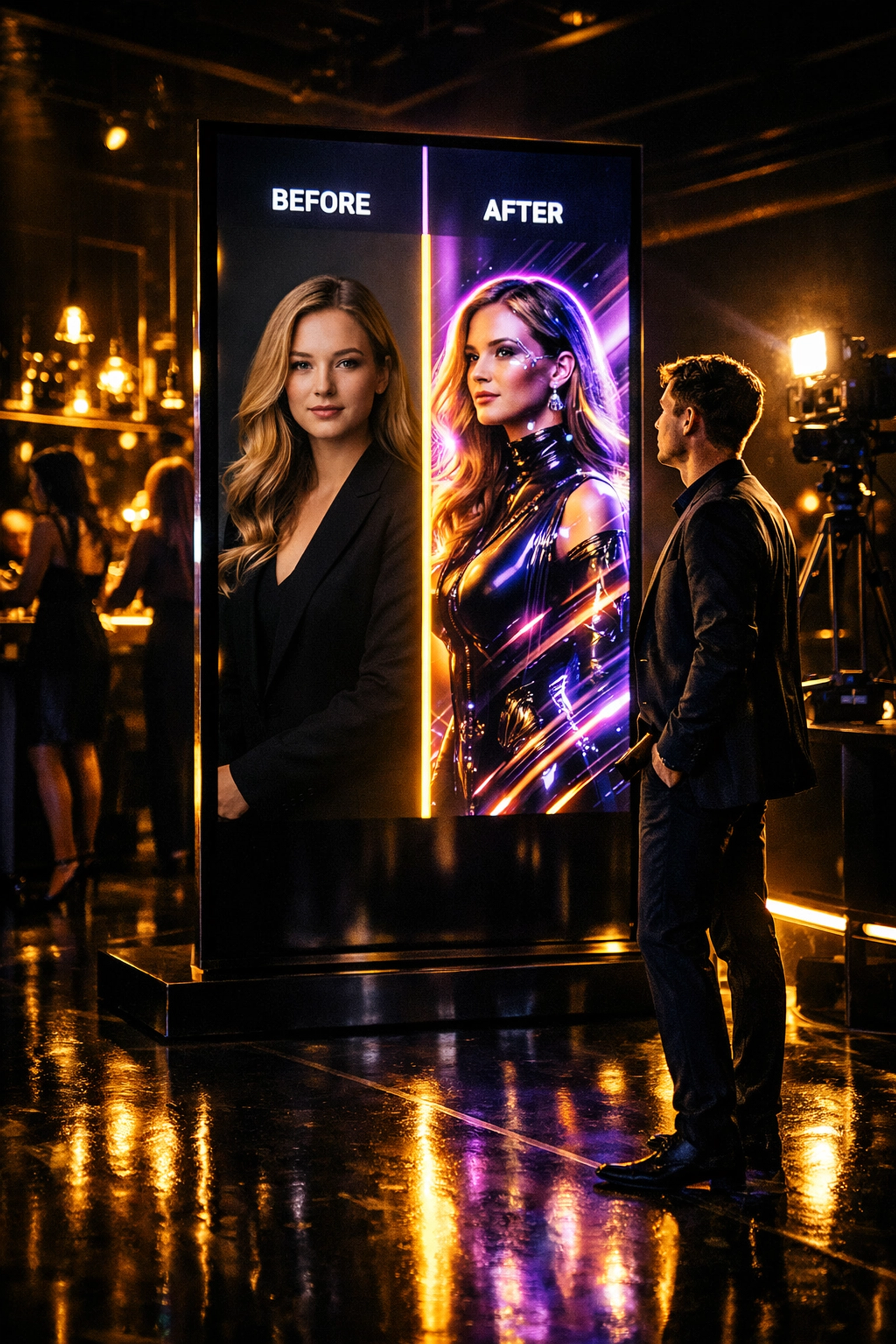 Guest viewing an AI-powered portrait transformation at a high-tech brand activation photo booth station.