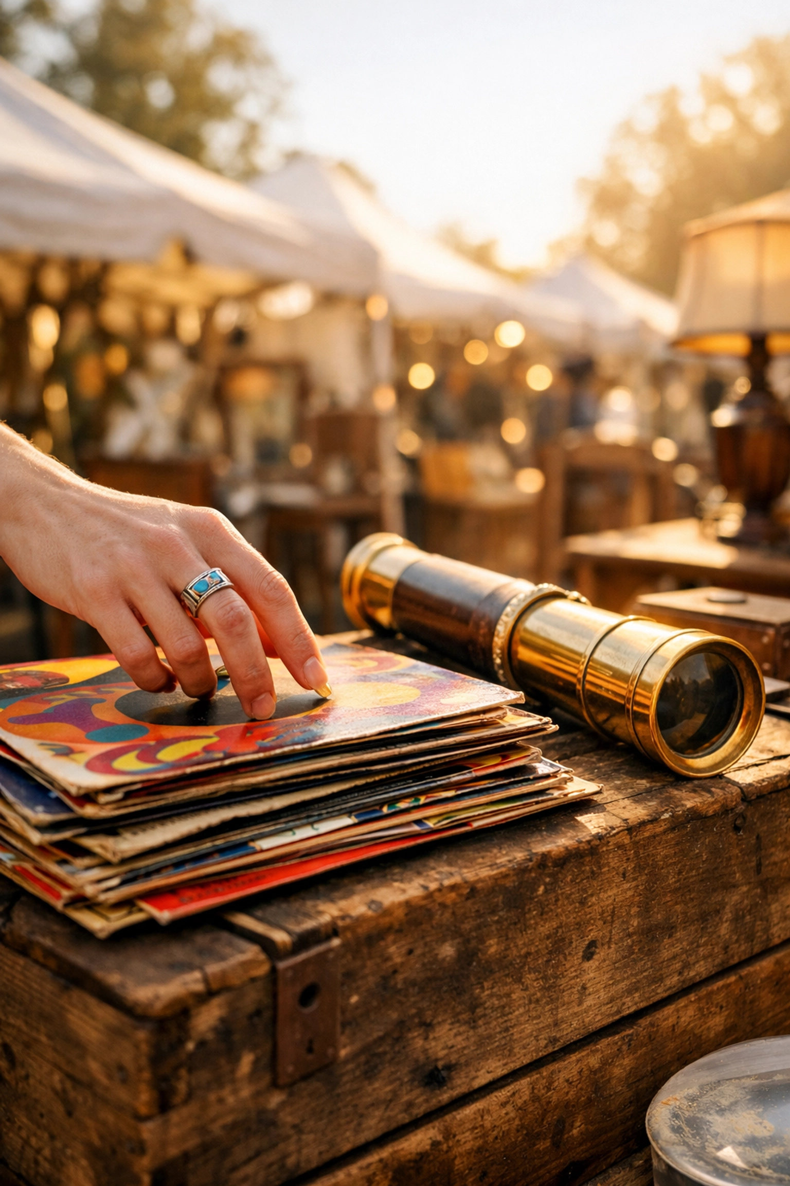 Sourcing vintage collectibles and vinyl records at a local market for reselling online.