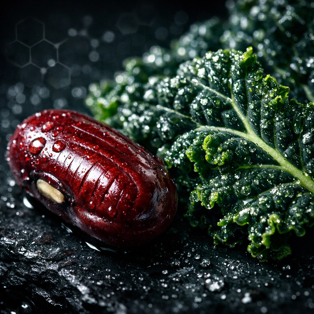 Macro view of a red kidney bean and kale leaf, representing plant defense mechanisms and anti-nutrients.
