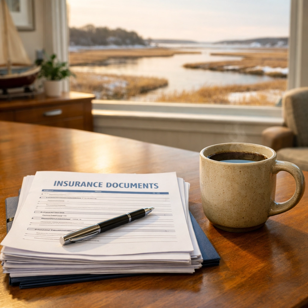 Professional insurance documents in a sun-drenched Cape Cod office, representing local expert insurance advice.