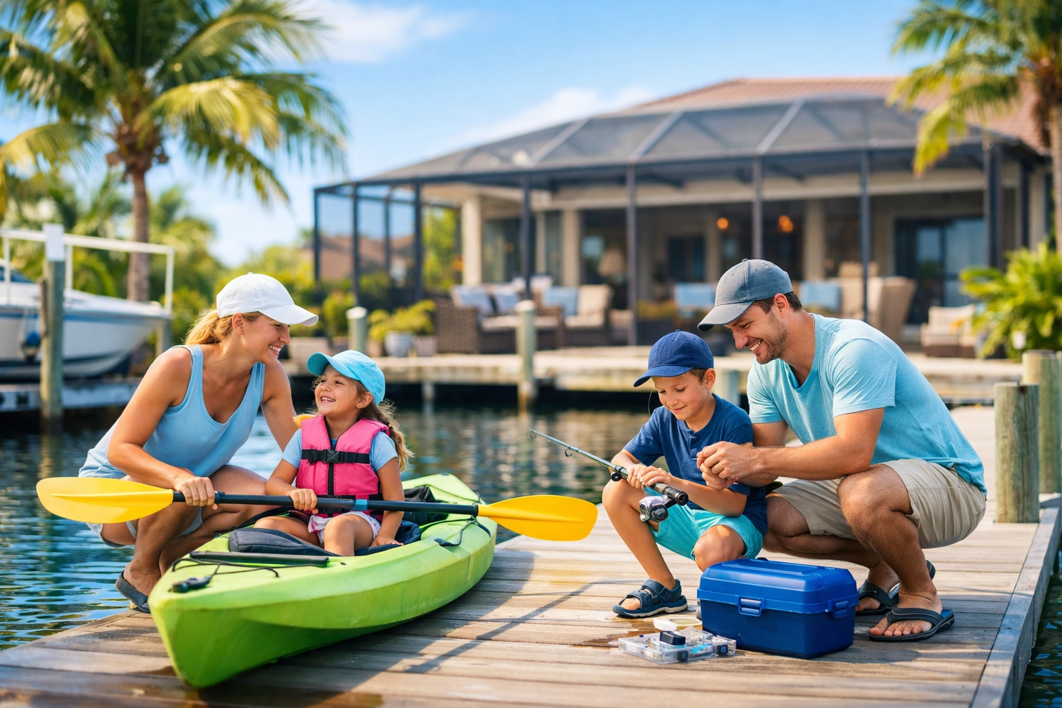 Family enjoying waterfront lifestyle activities at Cape Coral canal home with kayak