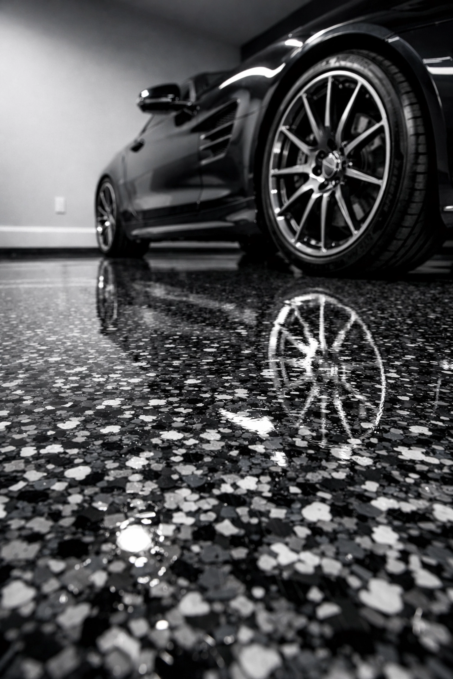Durable nightfall polymer flake garage floor with a high-gloss polyaspartic topcoat in Madison, MS.