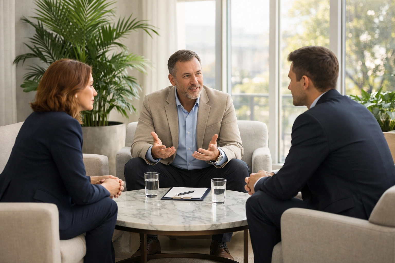 A professional mediator facilitating a collaborative commercial dispute resolution meeting in a modern lounge.