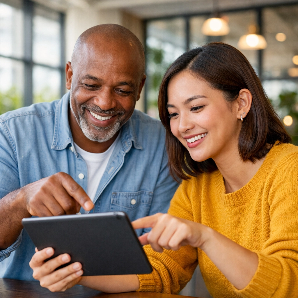A mentor and student collaborating on exam preparation using a digital tablet at a modern office. (1x1, center safe zone)