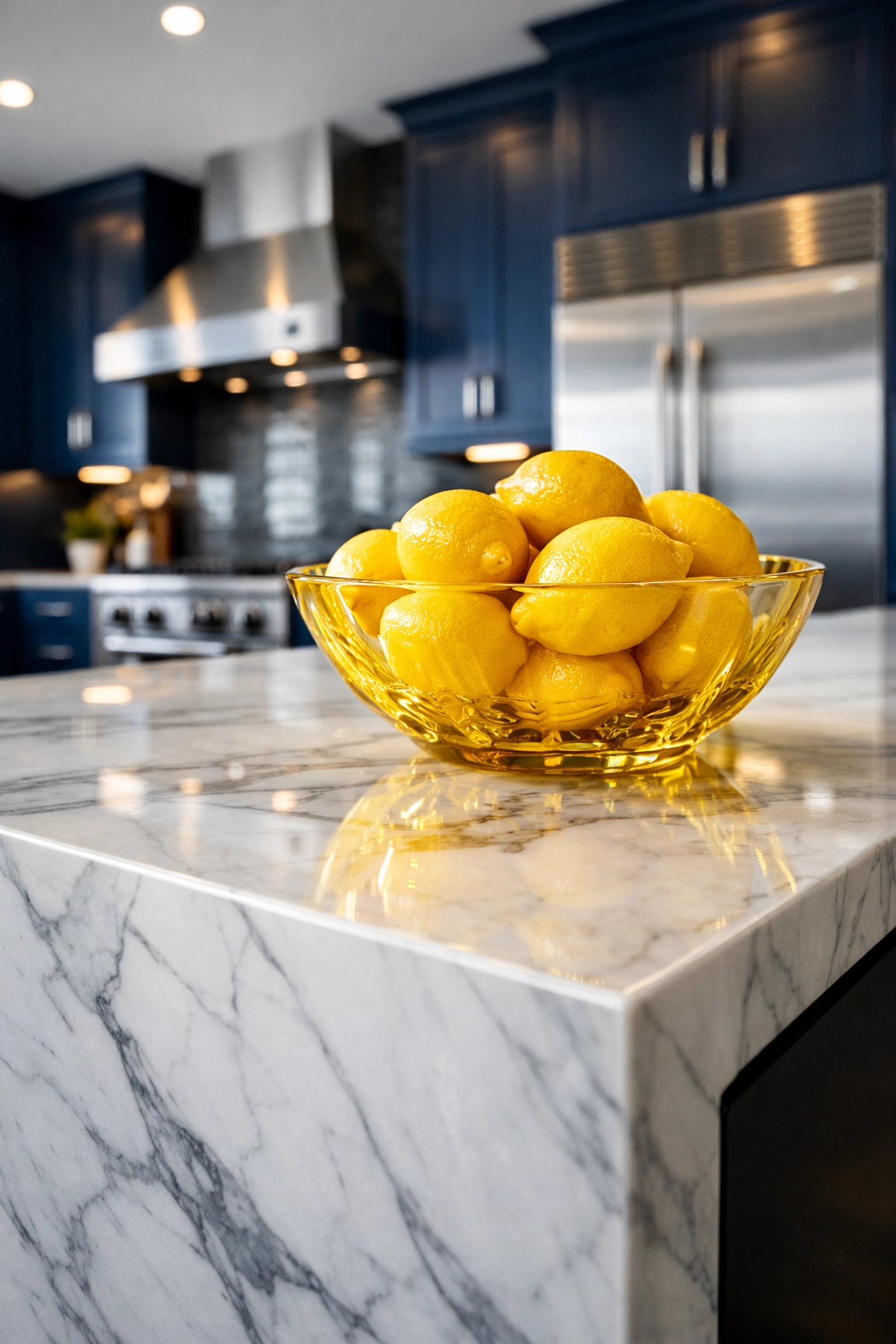 Spotless white marble kitchen island with streak-free surfaces and modern blue cabinetry.
