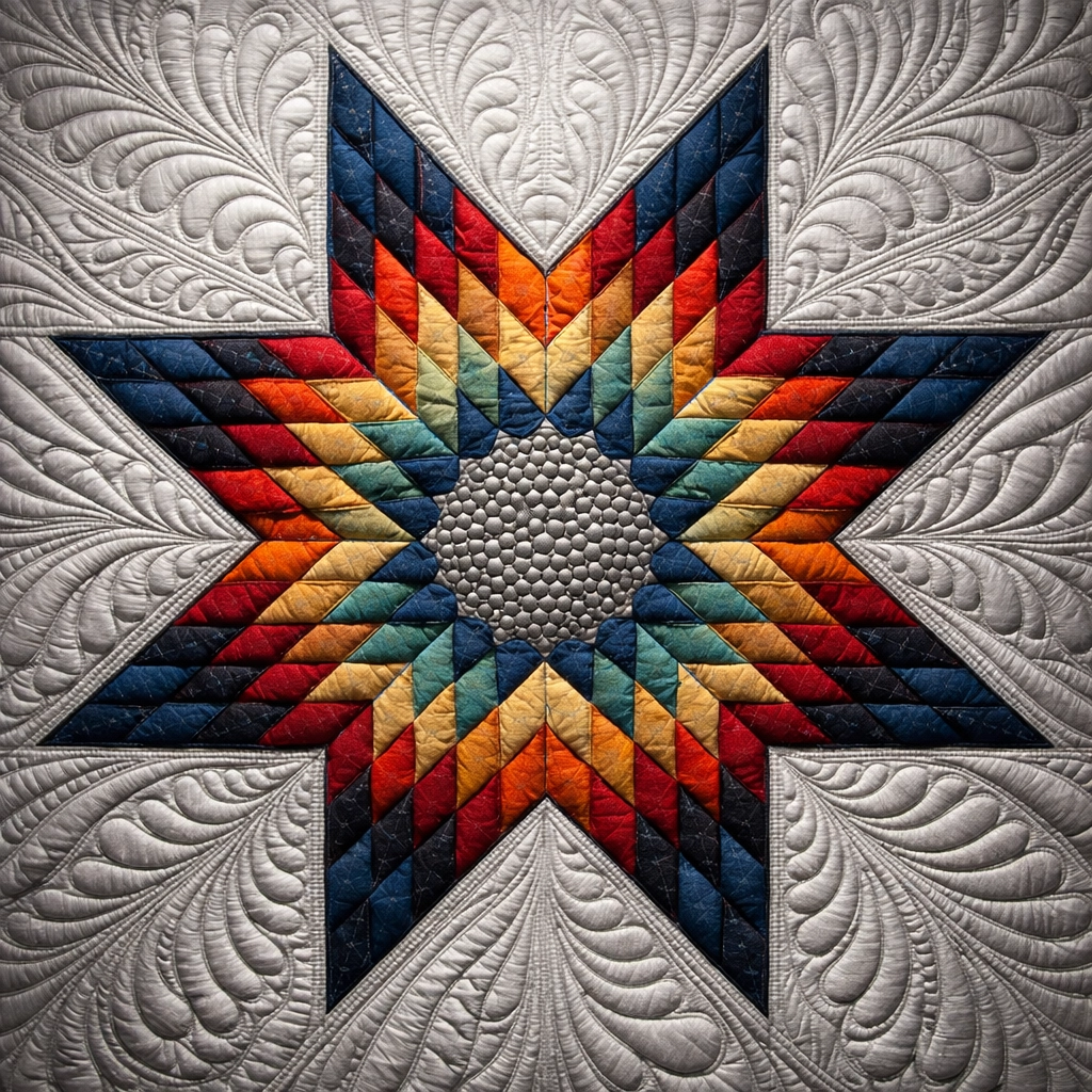 Detailed custom longarm quilting with pebble and plume stitching on a Lone Star quilt block.