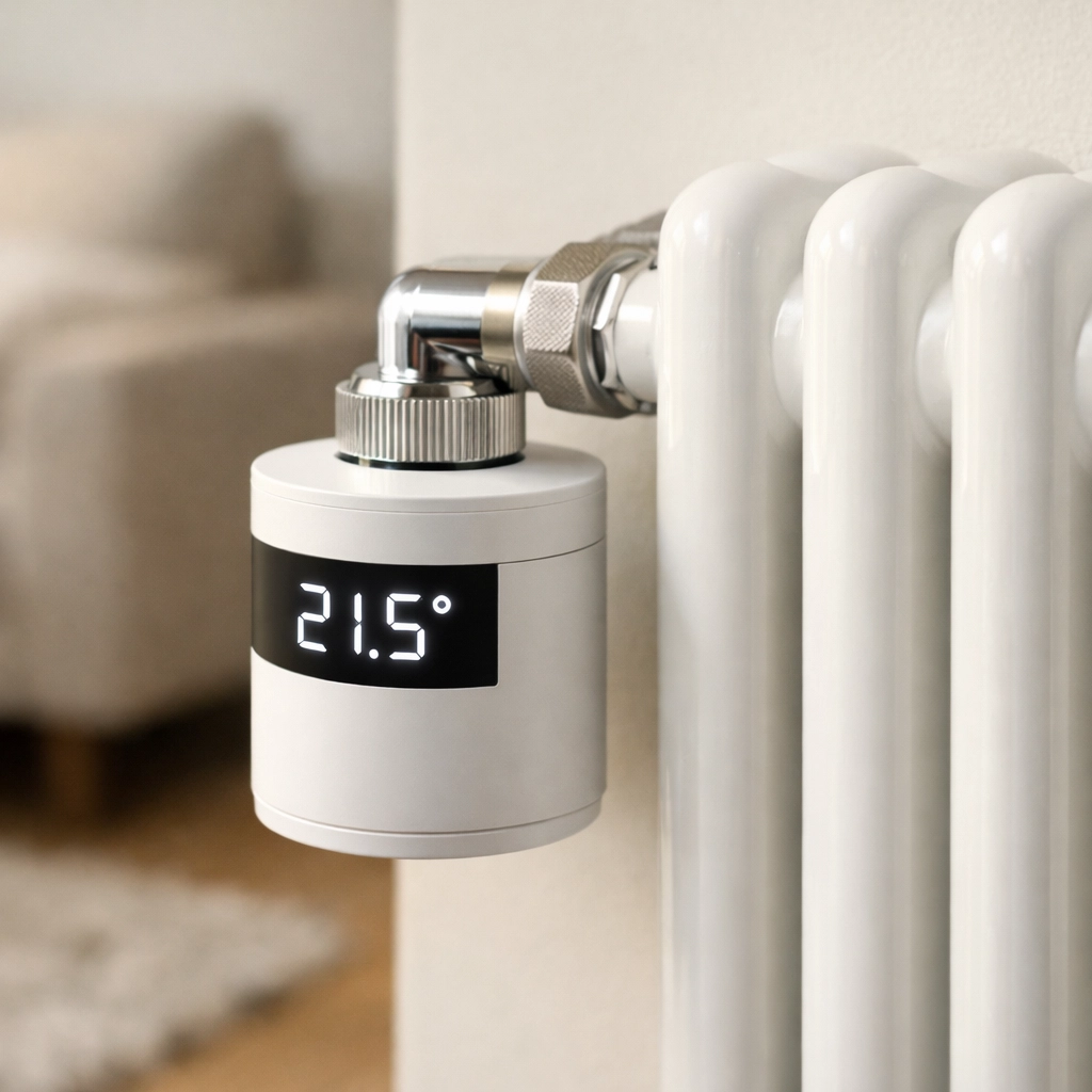 Smart thermostatic radiator valve on a modern UK radiator for efficient zone heating in Bournemouth.