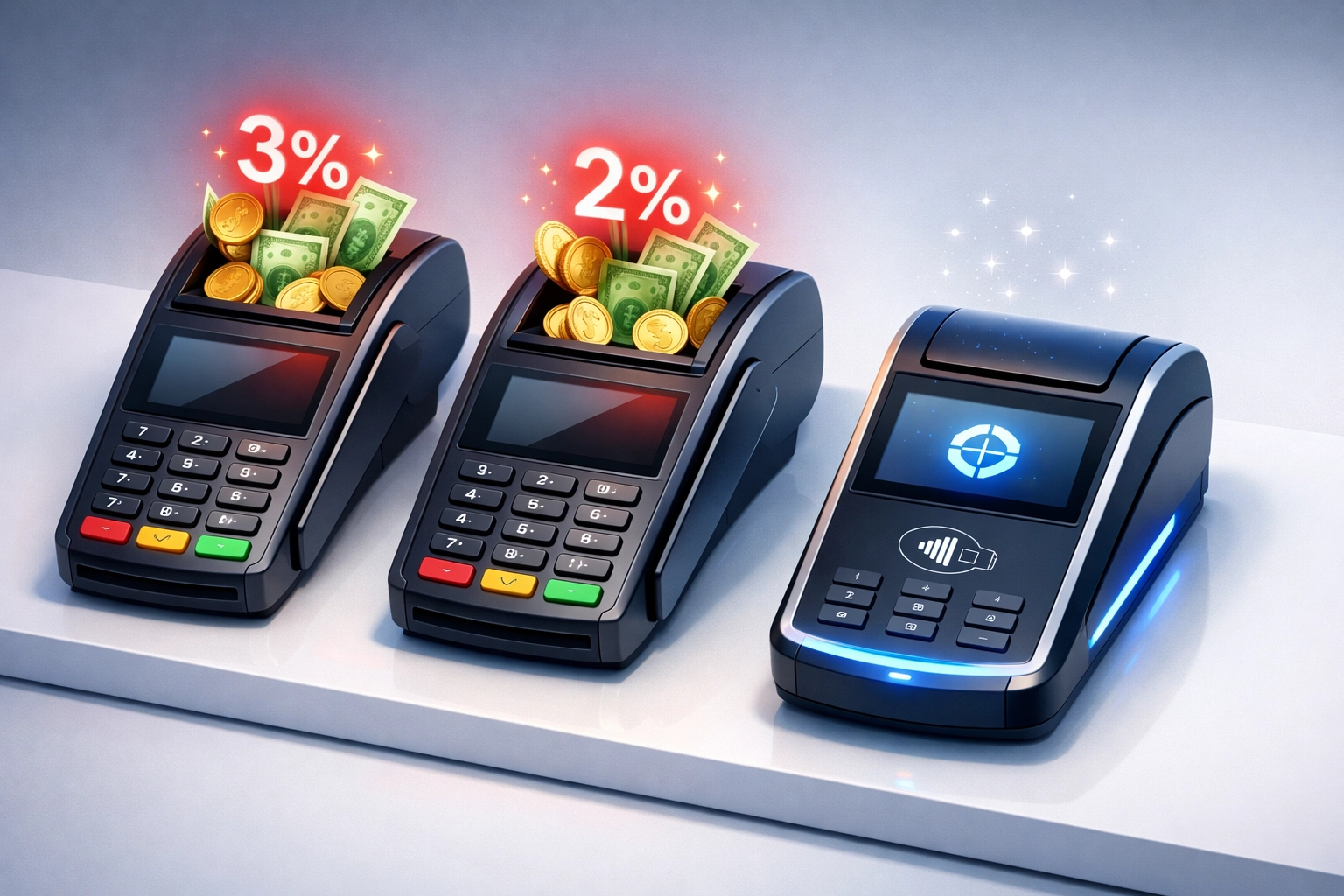 Comparison of crypto payment processor fees showing NOWPayments and CoinPayments percentage costs vs Larecoin gas fees